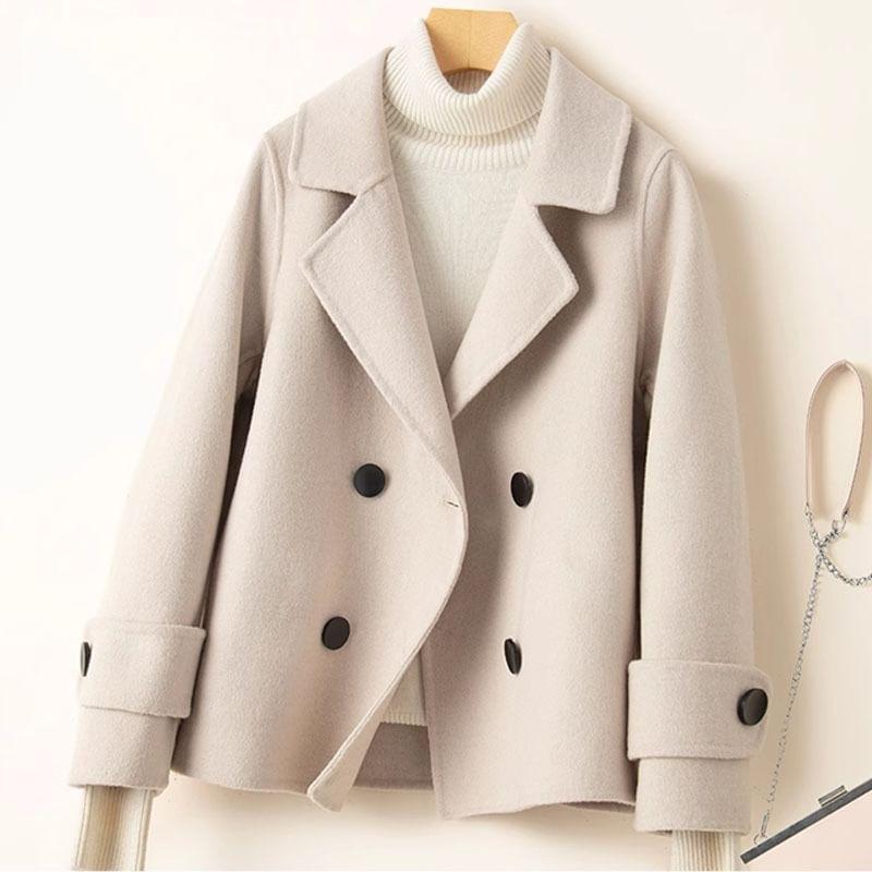 Collared Plain Double Breasted Short Coat Product Image