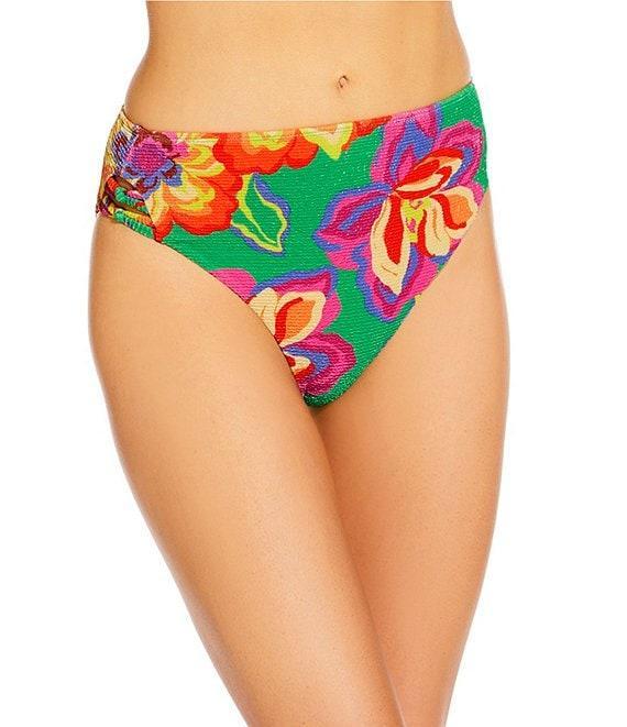 GB Bright Bloom Green Scrunchie Textured Wide Shoulder Longline Bralette Swim Top Product Image