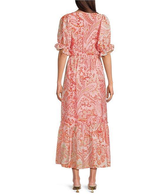 Calessa Petite Size Paisley V-Neck 3/4 Bishop Sleeve Tiered Midi Dress Product Image