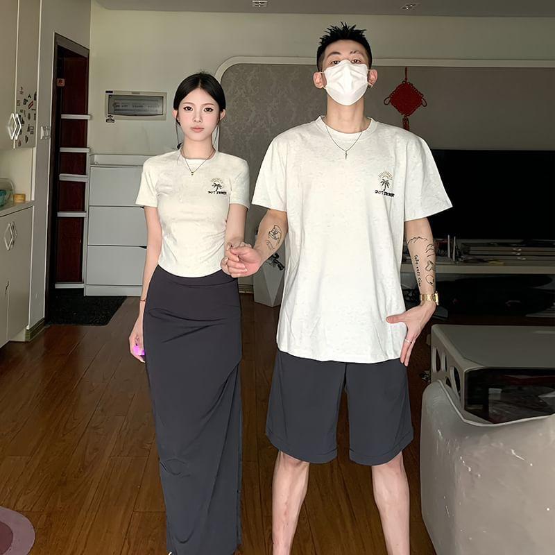 Couple Matching Short-Sleeve Round Neck Tree Print T-Shirt / High Waist Plain Maxi Pencil Skirt / Wide Leg Shorts (Various Designs) Product Image