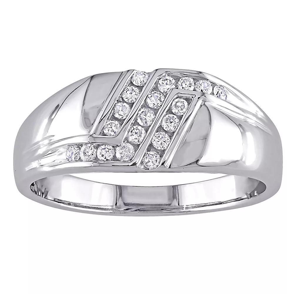 Stella Grace Men's 10k White Gold 1/4 Carat T.W. Diamond 3-Row Wedding Band, Size: 13 Product Image