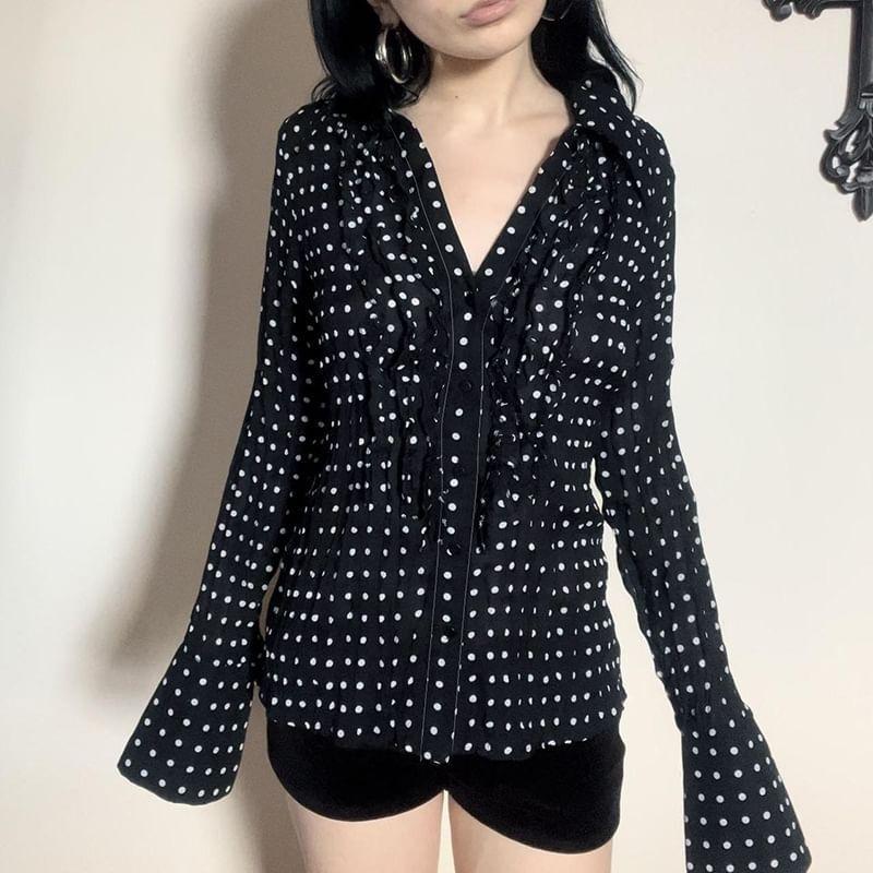 Long-Sleeve V-Neck Dotted Ruffle Trim Blouse Product Image