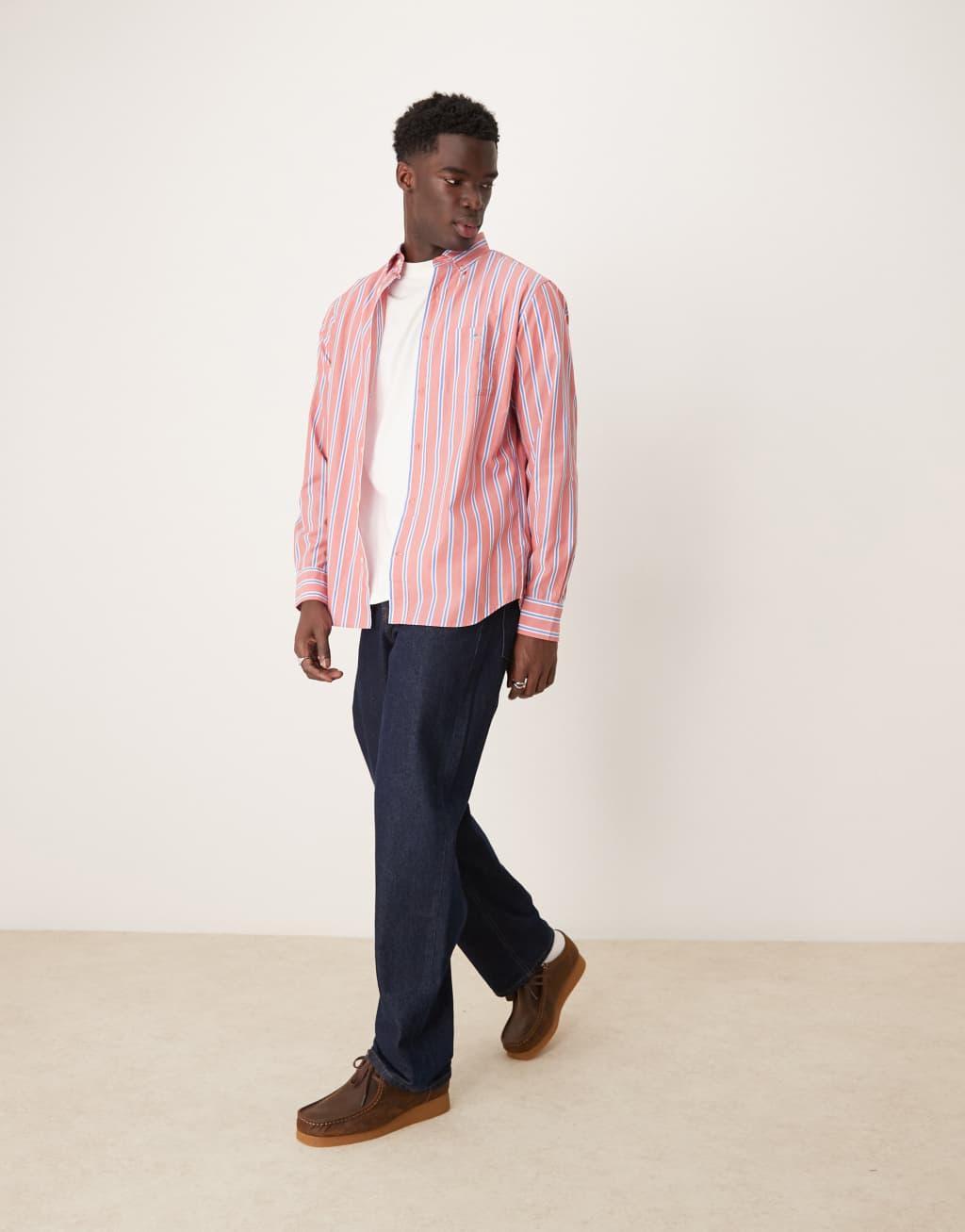 GANT regular fit poplin striped logo shirt in red Product Image