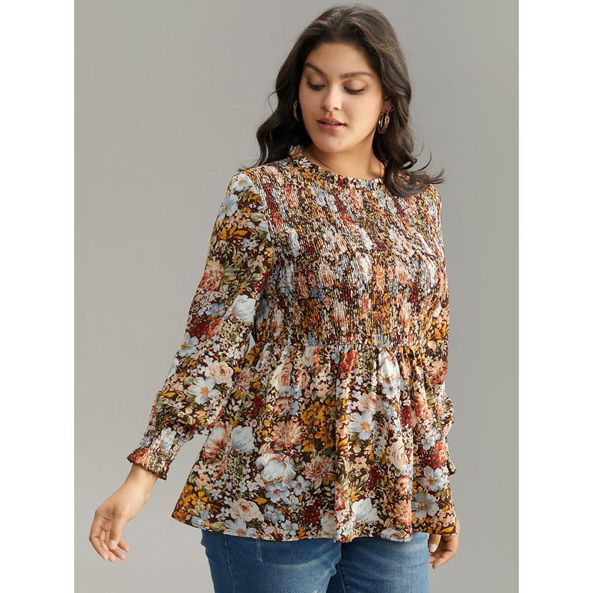Plus Size DarkBrown Floral Shirred Frill Trim Stand Collar Blouse Women Elegant Long Sleeve Stand-up collar Dailywear Blouses BloomChic 12/L Product Image