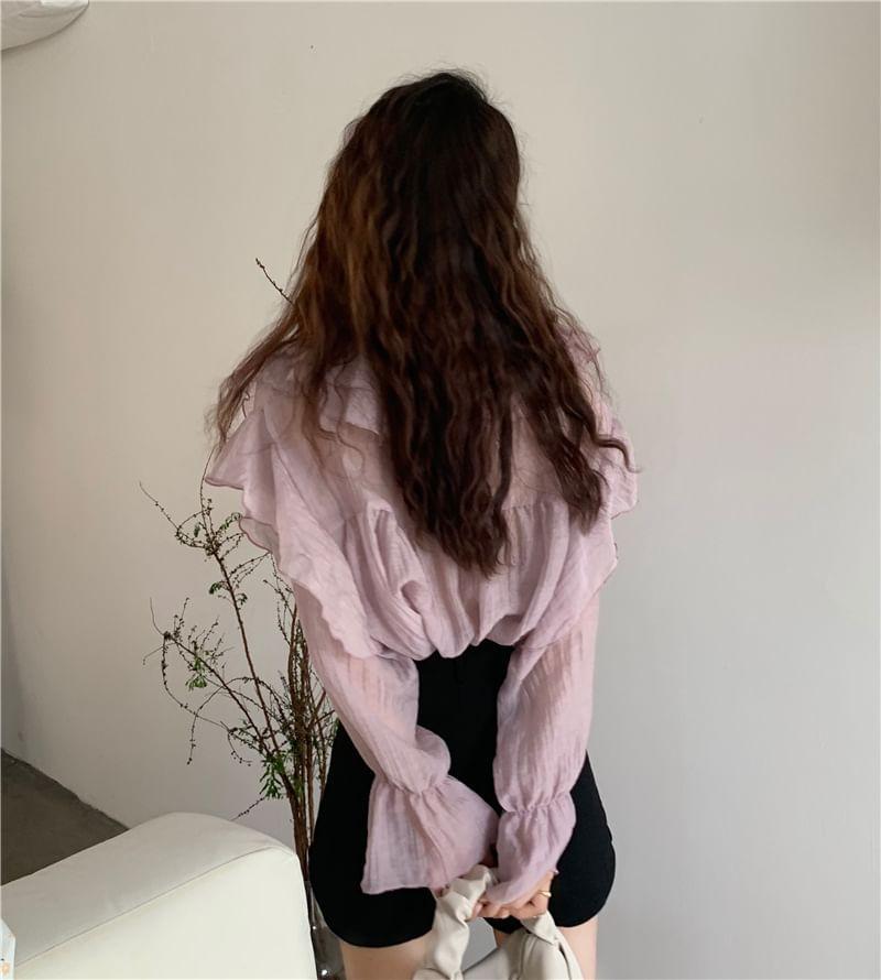 Ruffle Sleeve V-Neck Plain Ruffle Blouse Product Image