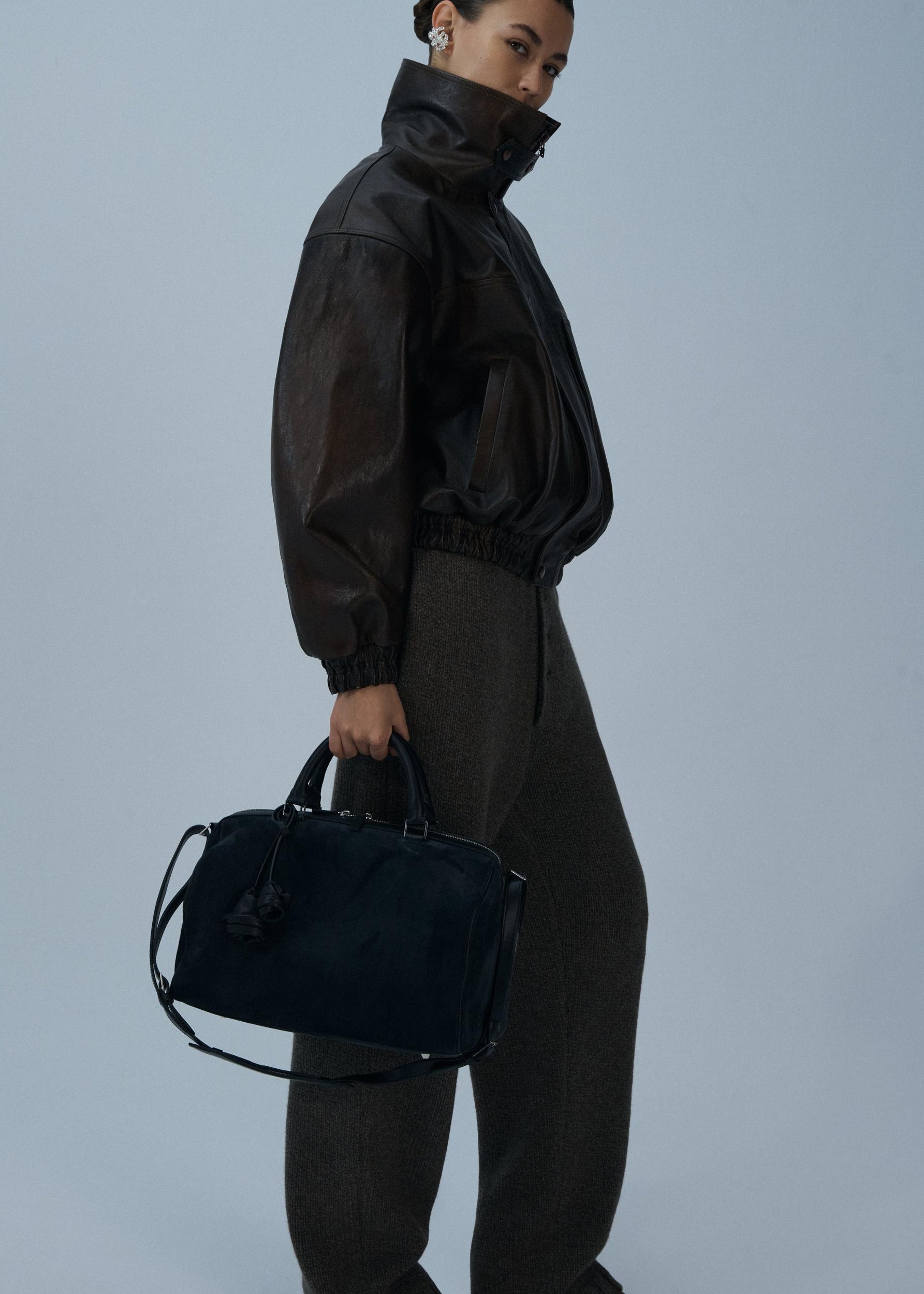 Snap-collar leather aviator jacket in brown Product Image
