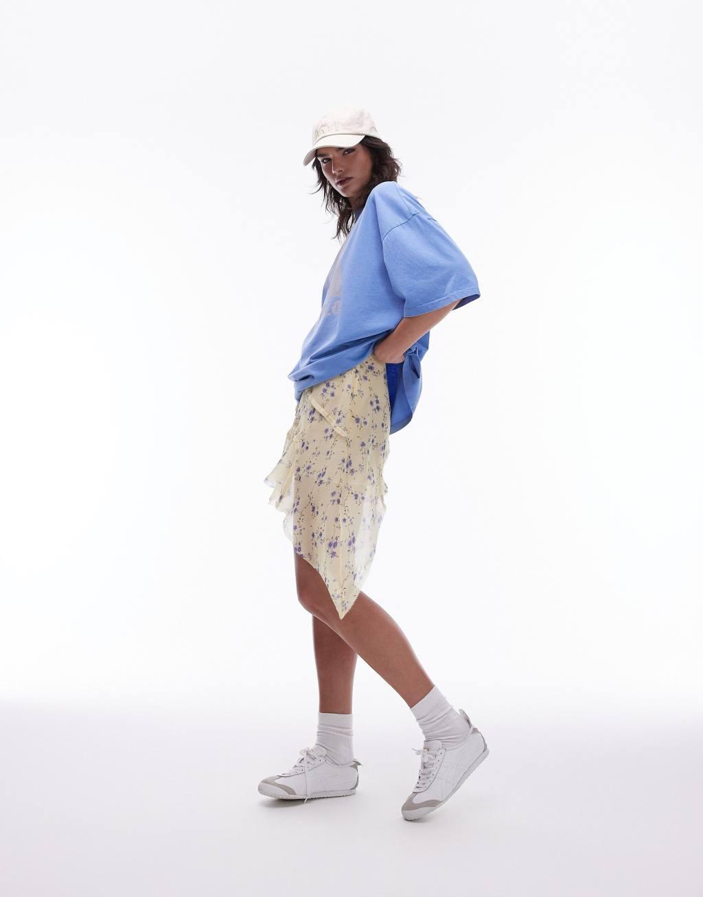 Topshop sheer ditsy floral seamed asymmetric skirt in buttermilk Product Image