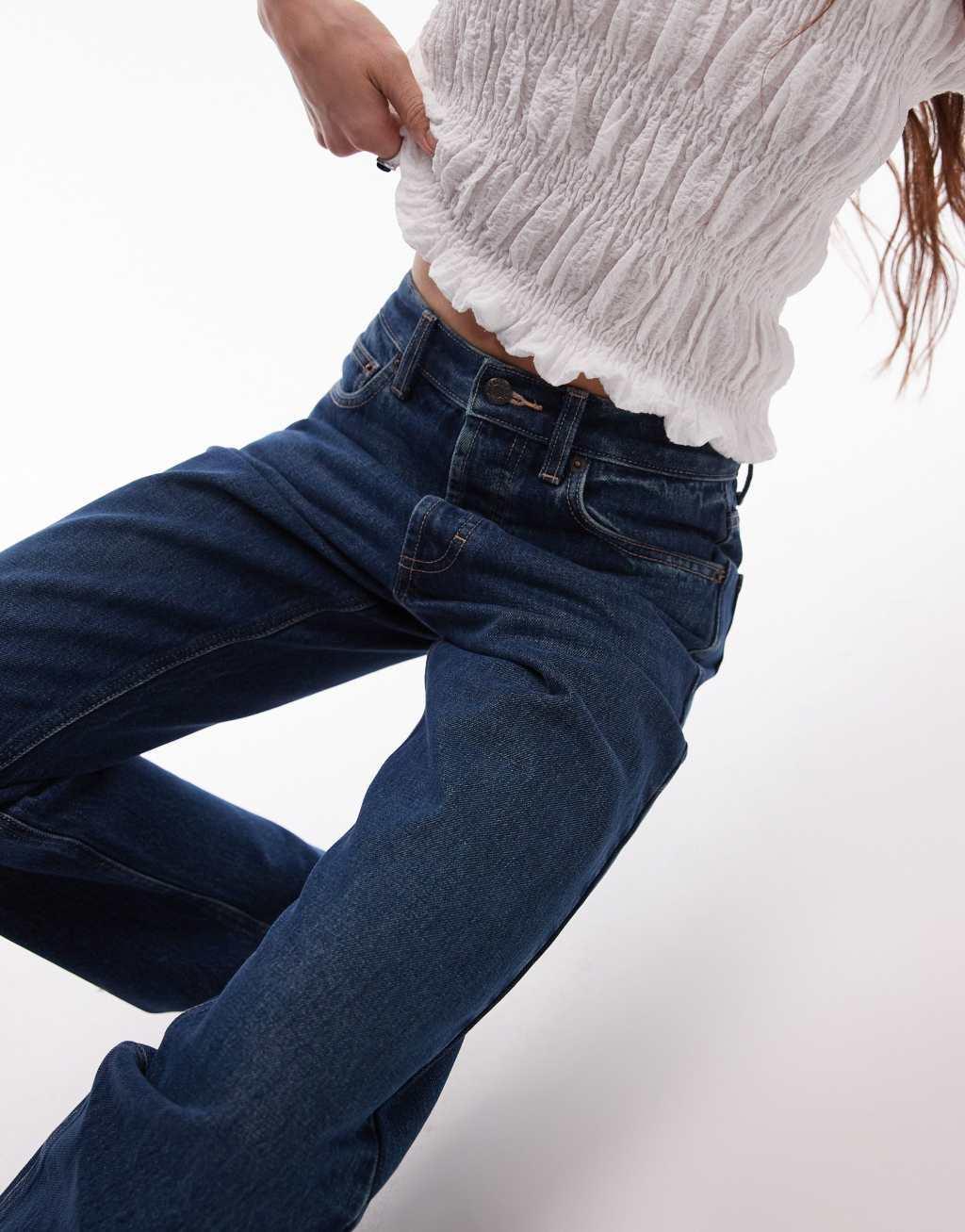 Topshop Kort high rise straight jean in tinted dark blue Product Image