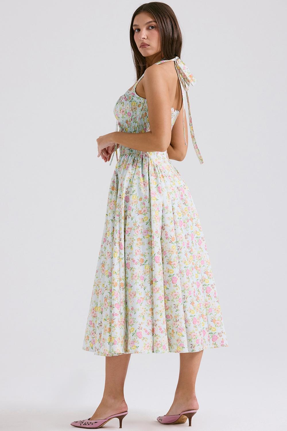 Adabella Pale Blue Meadow Print Cotton Halter Sundress Product Image
