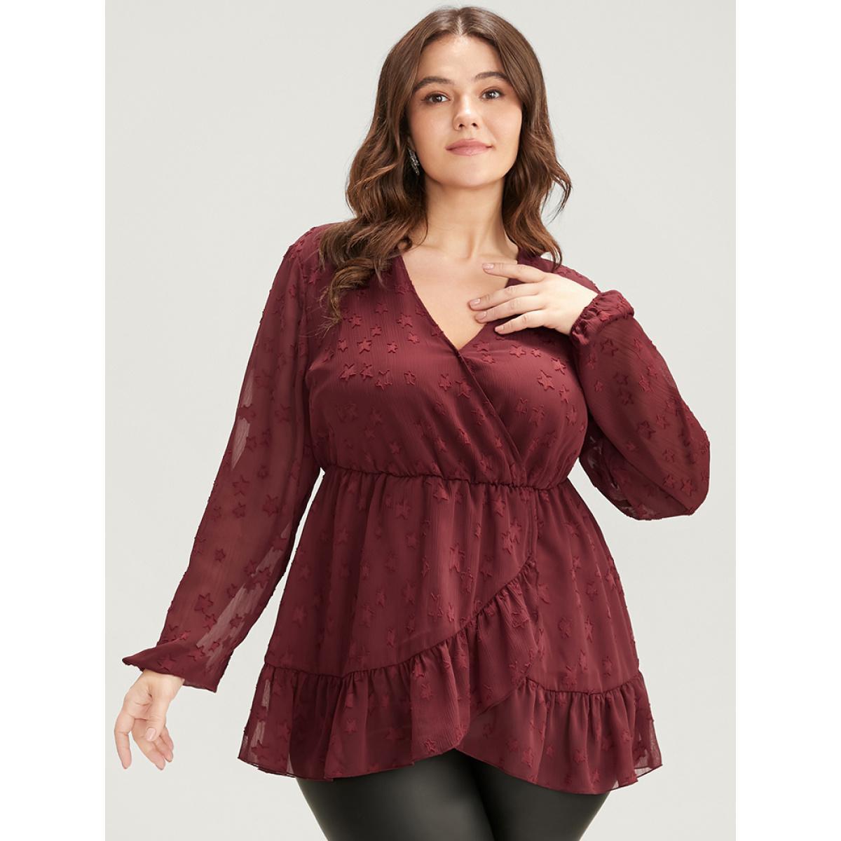Plus Size Burgundy Star Mesh Lantern Sleeve Surplice Neck Ruffle Hem Blouse Women Glamour Long Sleeve V-neck Going out Blouses BloomChic 28/5X Product Image