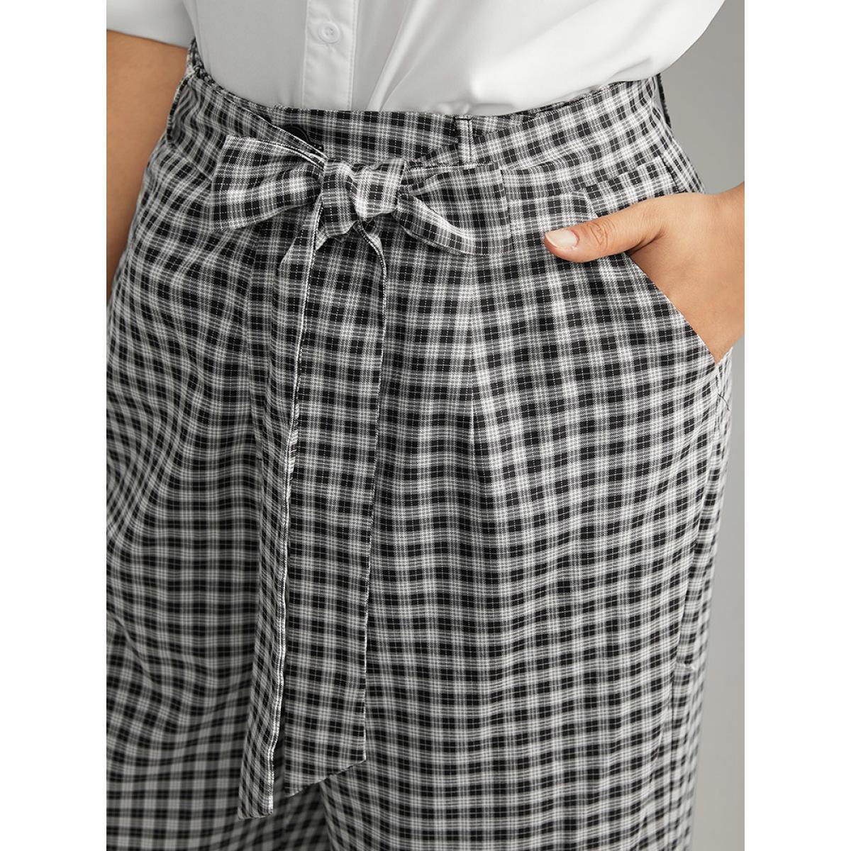 Plus Size Plaid Belted Bowknot Wide Leg Pants Women Black Office Wide Leg High Rise Work Pants BloomChic 10/M Product Image