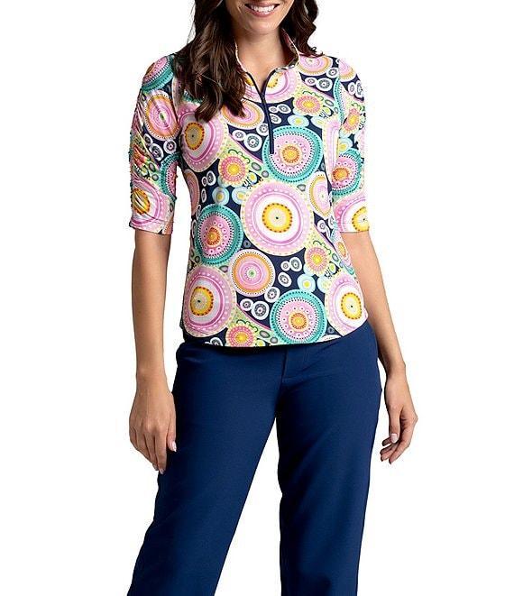 IBKUL Leona Print 1/4 Zip Mandarin Collar Ruched Elbow Sleeve Top Product Image