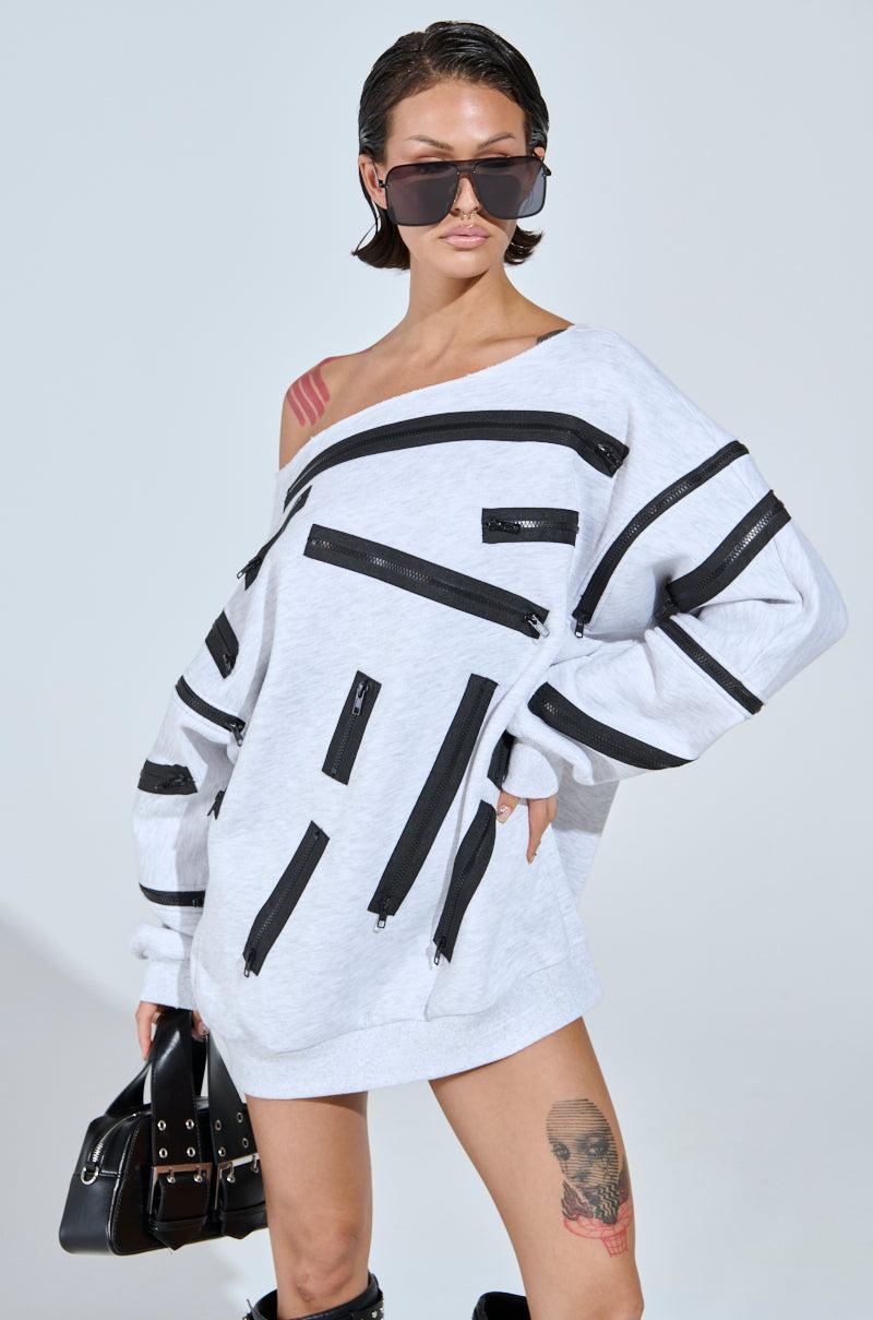 ZIP ZAP OFF THE SHOULDER SWEATSHIRT DRESS-GREY MULTI Product Image