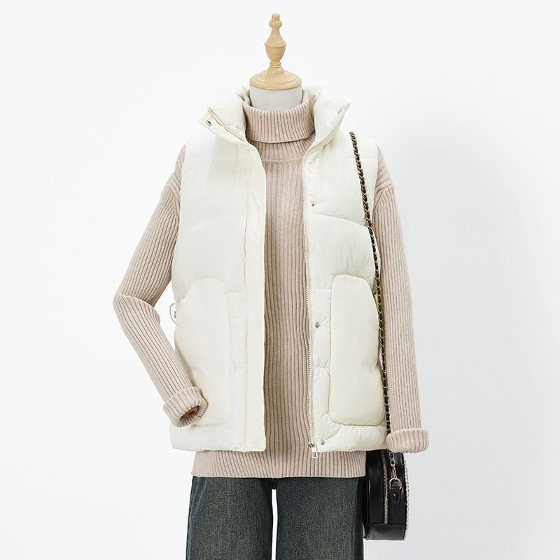 Stand Collar Plain Zip-Up Puffer Vest Product Image