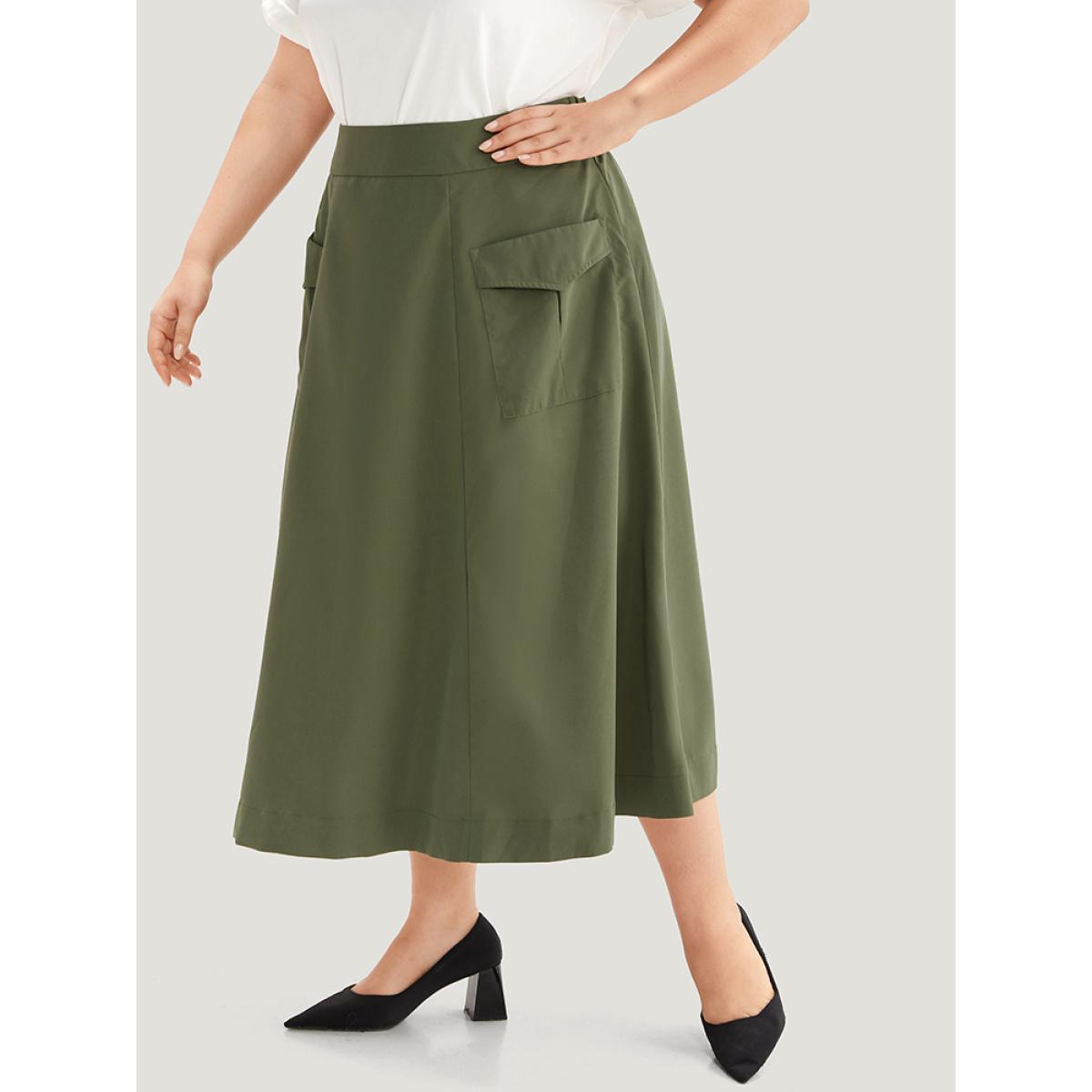 Plus Size Solid Pocket Wideband Waist Skirt Women ArmyGreen Casual Non Loose Low stretch Patch pocket Everyday Skirts BloomChic 22-24/3X Product Image