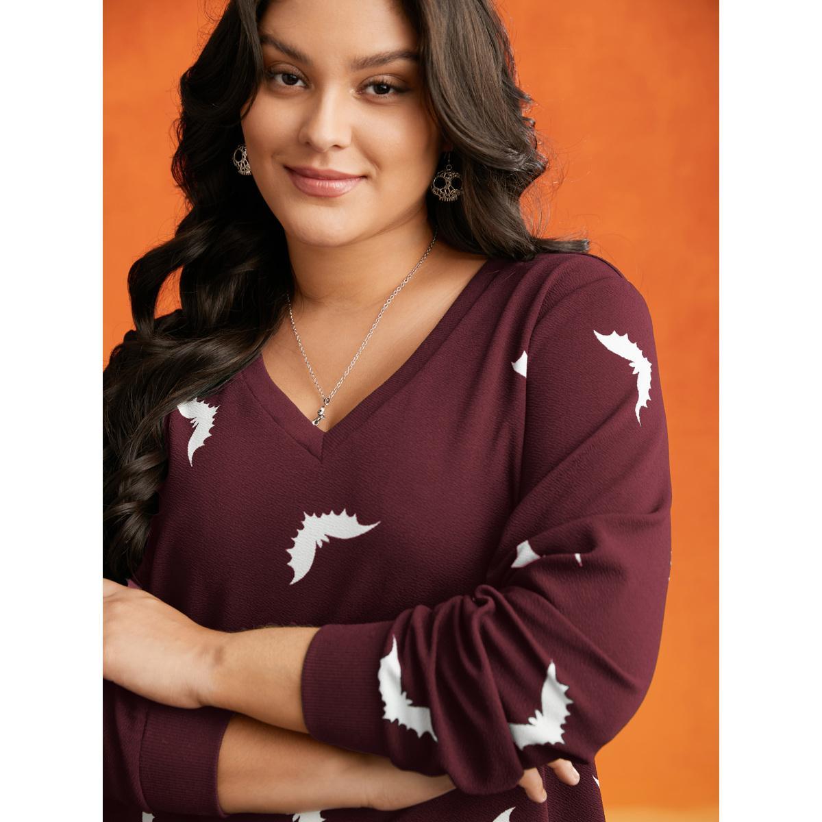 Plus Size Bat Print V-Neck Sweatshirt Women Scarlet Casual Patchwork Loose V-neck Everyday Sweatshirts BloomChic 10/M Product Image