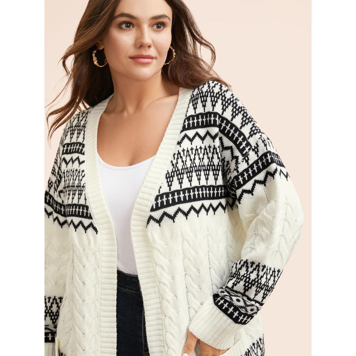 Plus Size Bandana Jacquard Cable Knit Pocket Cardigan Ivory Women Casual Loose Long Sleeve Everyday Cardigans BloomChic 10/M Product Image