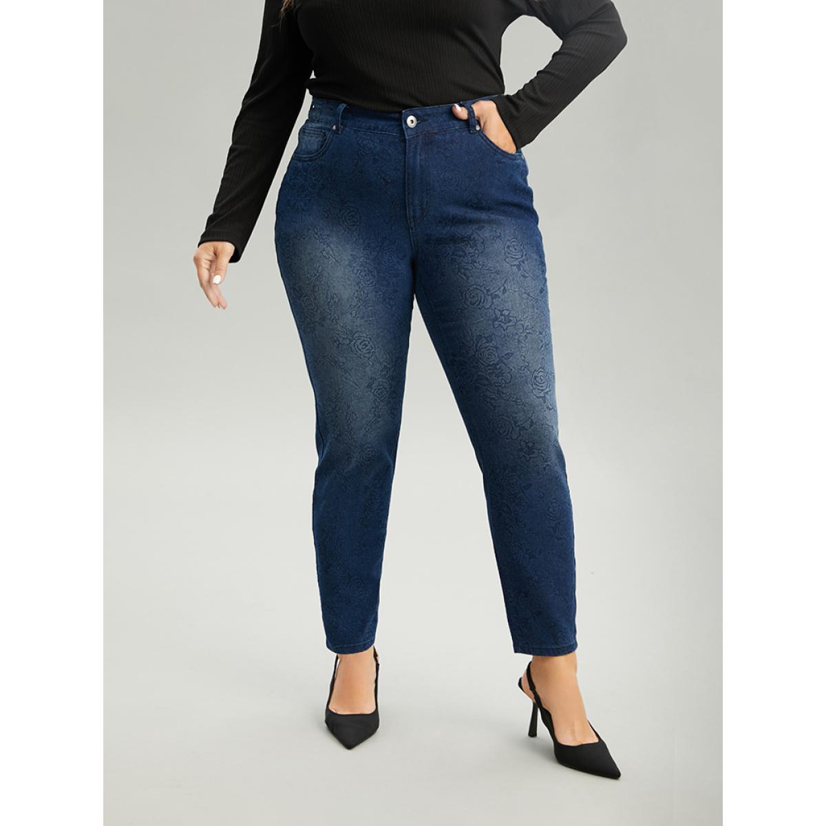 Plus Size Very Stretchy Rose Print Dark Wash Jeans Women DarkBlue Casual Floral Zipper High stretch Pocket Jeans BloomChic 22/3X Product Image