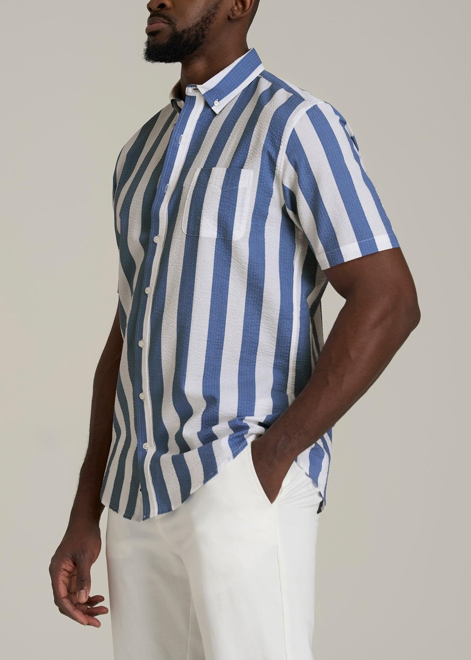 Seersucker Tall Men's Short Sleeve Shirt in Periwinkle Blue Stripe Product Image