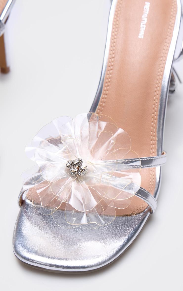 Silver Metallic Pu Flower Lace Up Heeled Sandals Product Image