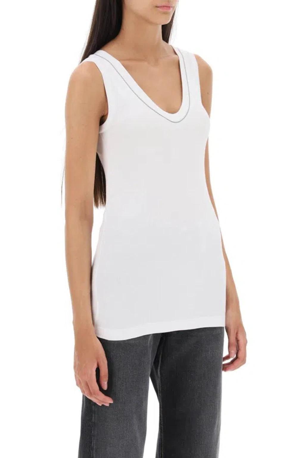 Ribbed Tank Top With Shiny Collar In White Product Image