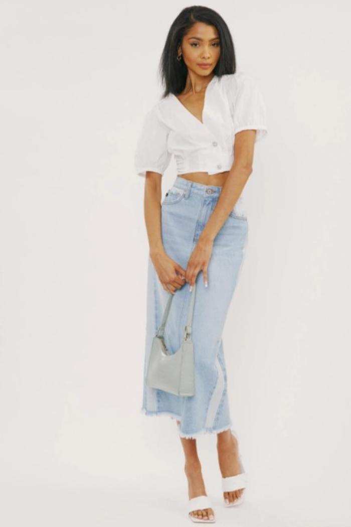 Midi High Rise Denim Contrast Skirt Product Image