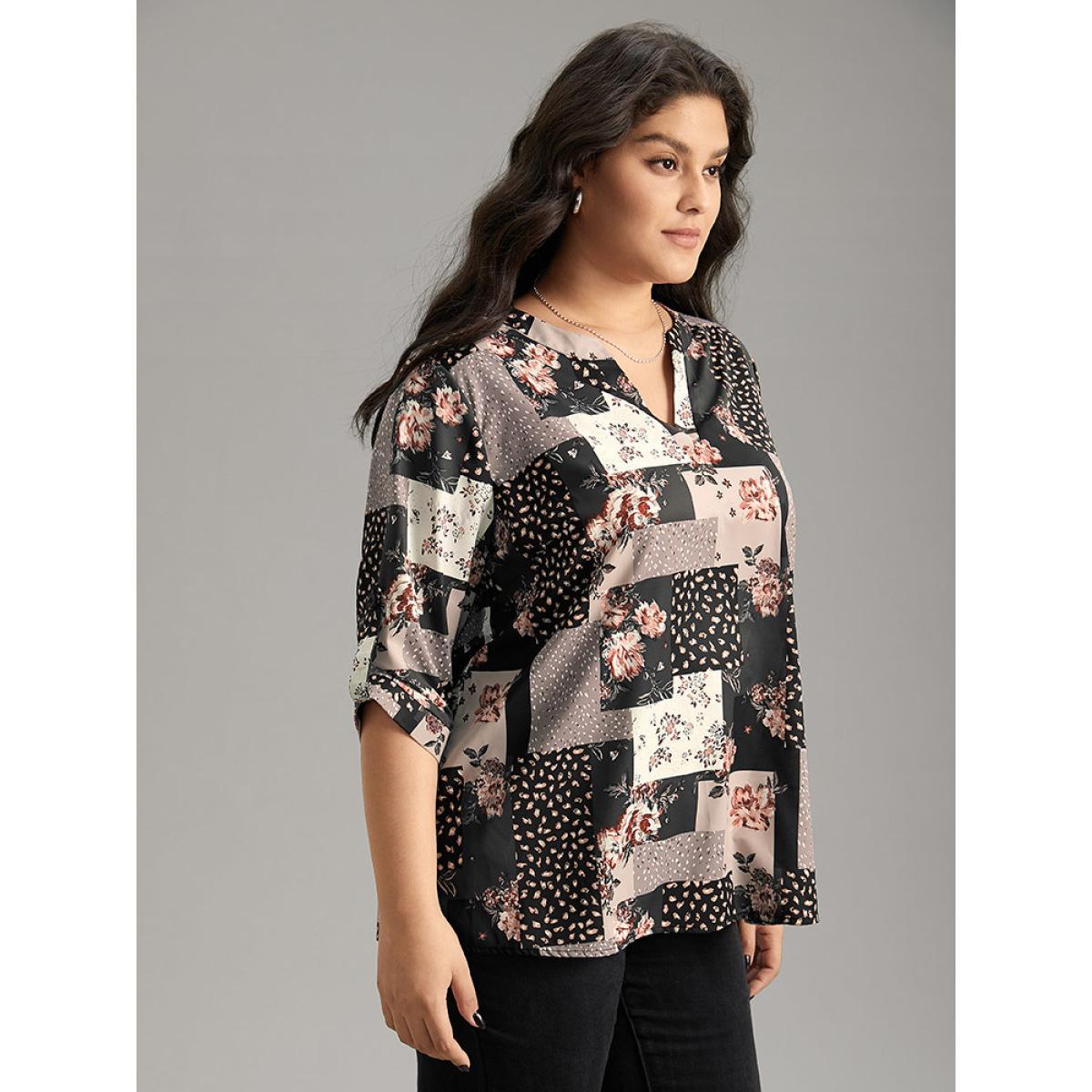 Plus Size BlackFlower Floral Colorblock Contrast Tab Sleeve Blouse Women Elegant Elbow-length sleeve V-neck Dailywear Blouses BloomChic 26/4X Product Image