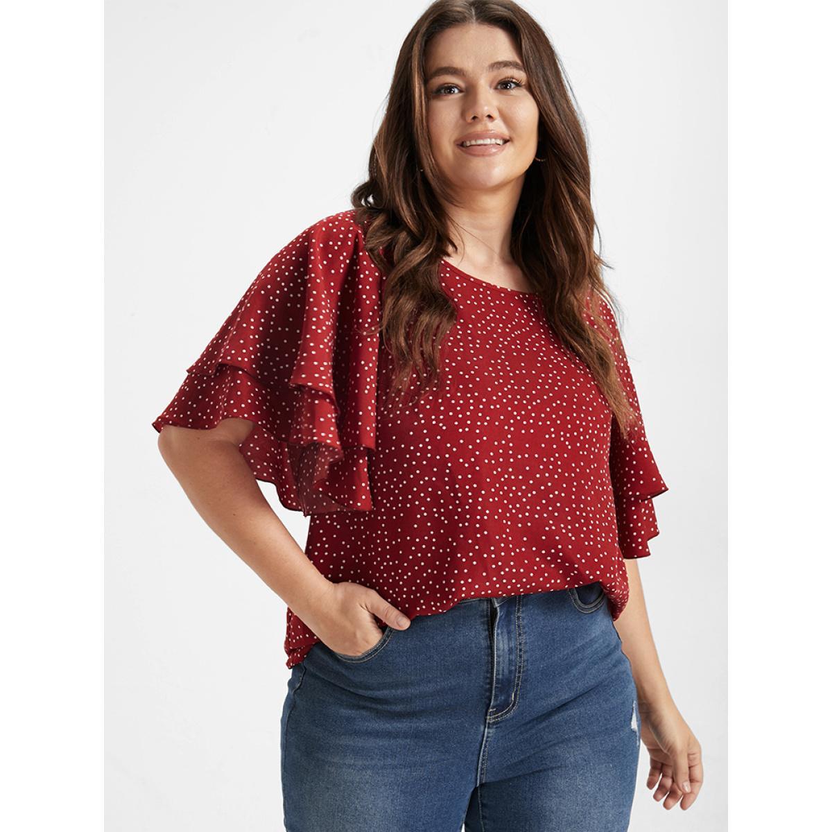 Plus Size Multicolor Polka Dot Ruffle Tiered Sleeve Blouse Women Elegant Short sleeve Round Neck Dailywear Blouses BloomChic 18/2X Product Image