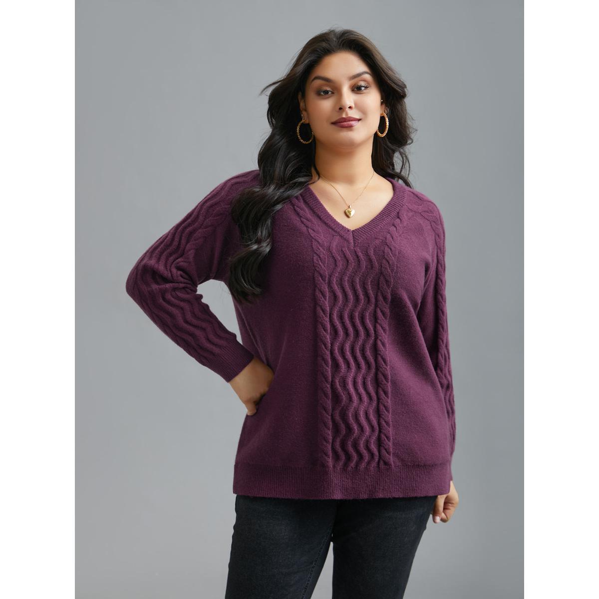 Plus Size Plain V Neck Cable Knit Pullover Deeppurplered Women Casual Loose Long Sleeve V-neck Everyday Pullovers BloomChic 28/5X Product Image