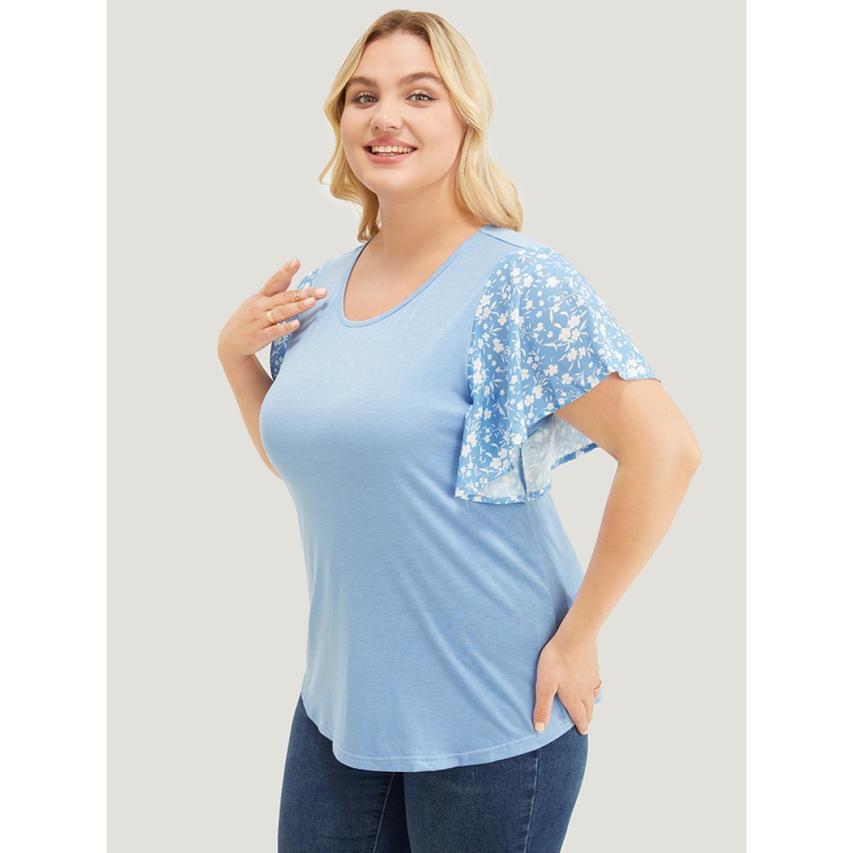 Plus Size Ditsy Floral Ruffle Sleeve Round Neck T-shirt Stone Women Elegant Ditsy Floral Everyday T-shirts BloomChic 26/4X Product Image