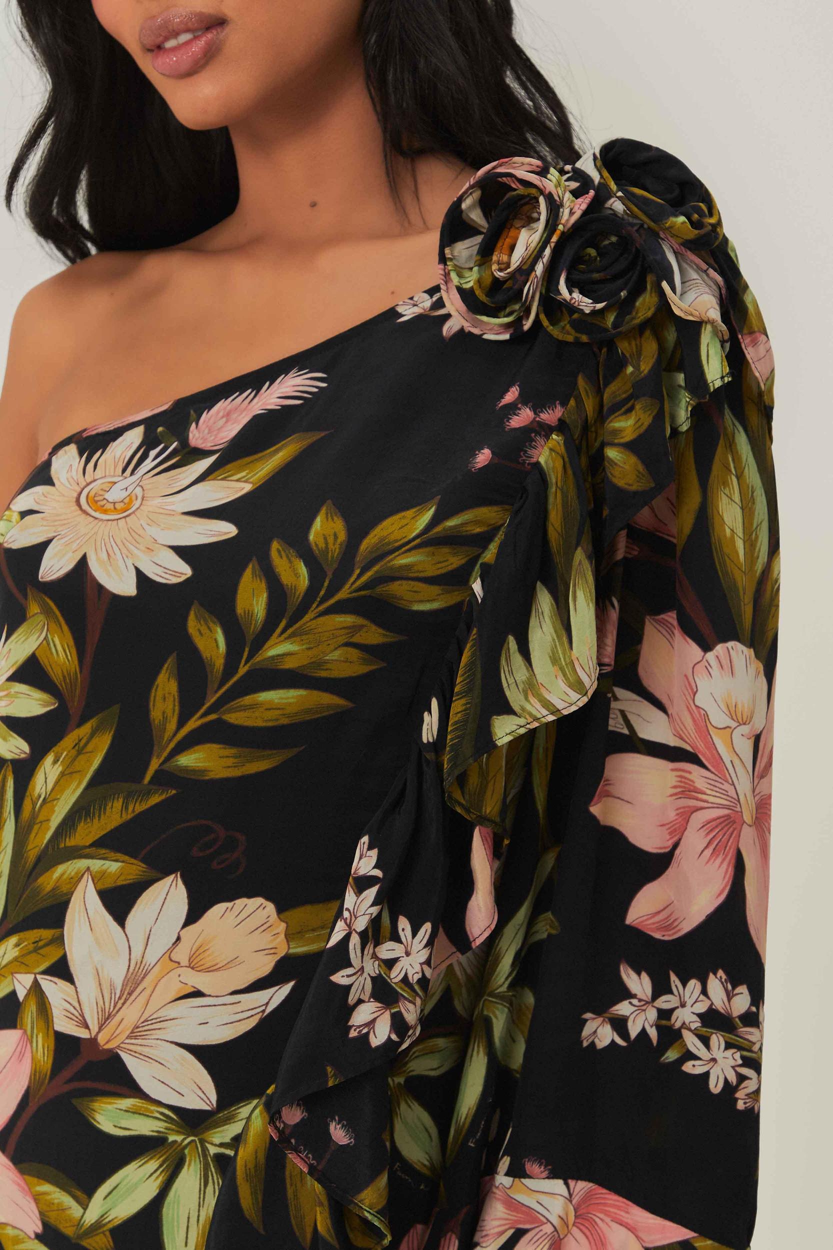 Black Surreal Flowers One-Shoulder Maxi Dress, SURREAL FLOWERS BLACK / XXS Product Image