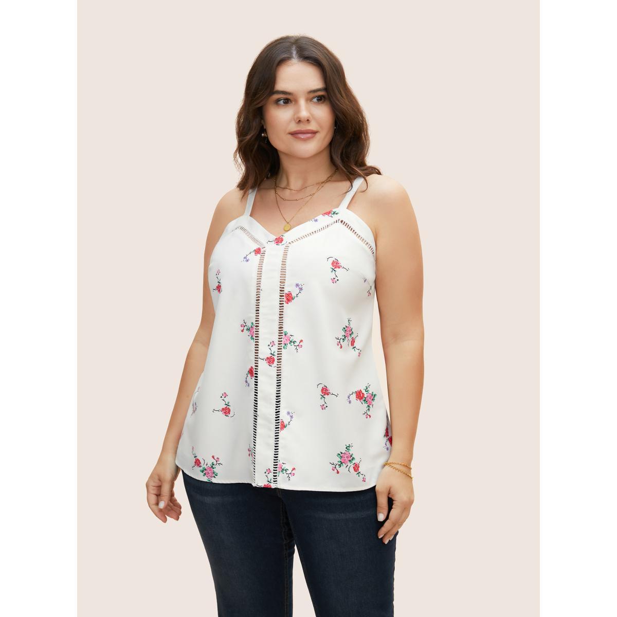 Plus Size Floral Print Patchwork Cut Out Cami Top Women Originalwhite Elegant Contrast Non Everyday Tank Tops Camis BloomChic 22-24/3X Product Image