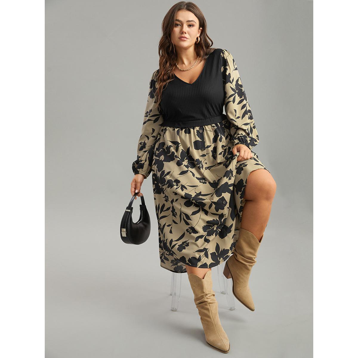 Plus Size Silhouette Floral Print Rib Knit Patchwork Dress LightBrown Women Elegant Elastic cuffs V-neck Long Sleeve Curvy Midi Dress BloomChic 28/5X Product Image