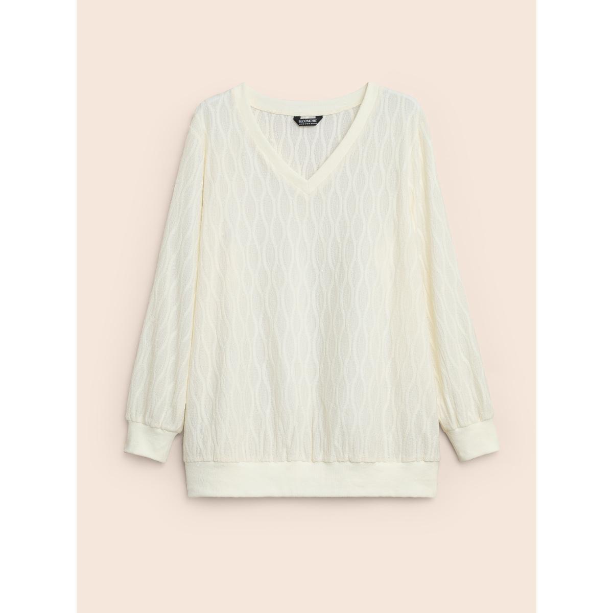 Plus Size Rib Knit Plain Elastic Cuffs Sweatshirt Women Ivory Elegant Non V-neck Everyday Sweatshirts BloomChic 30/6X Product Image