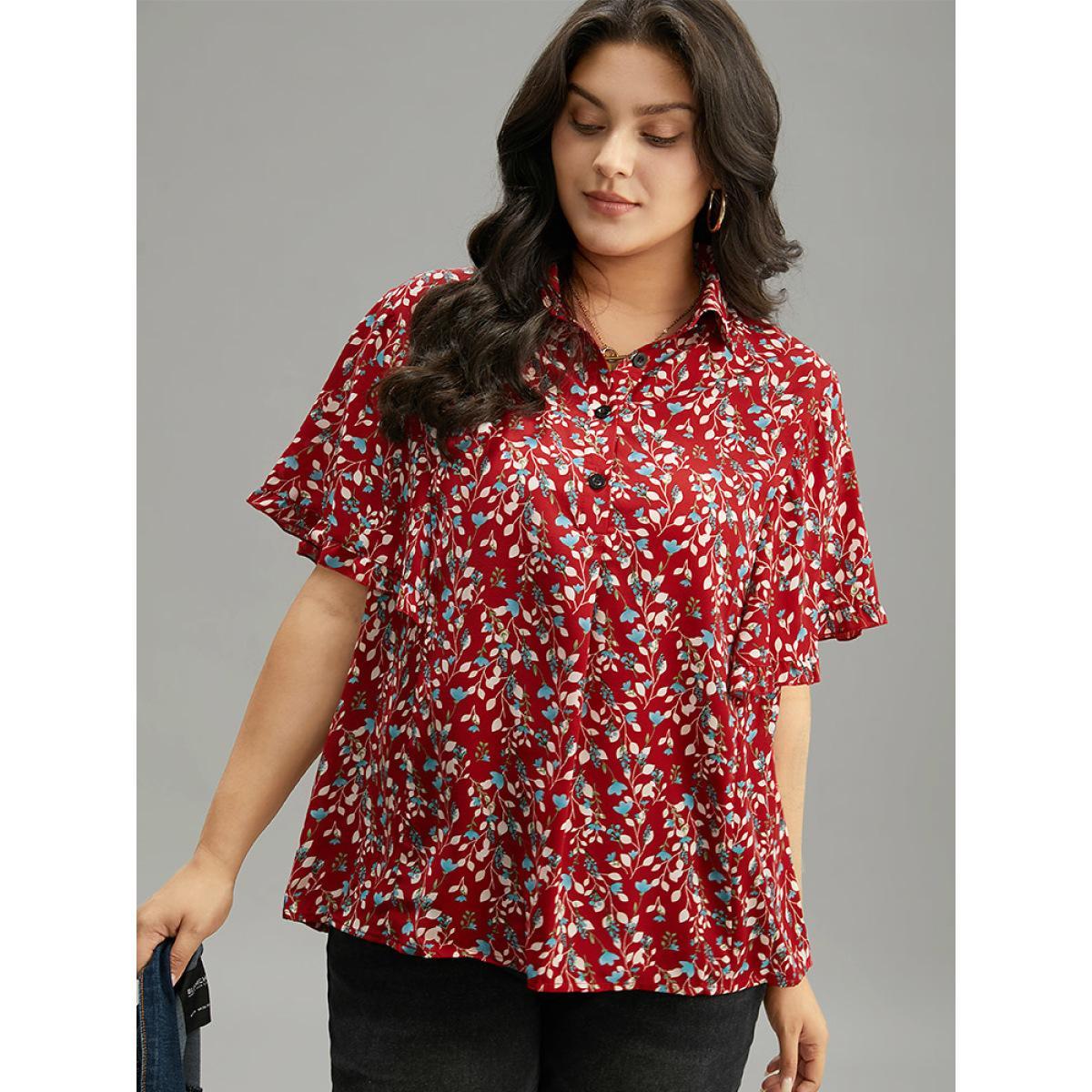 Plus Size Maroon Ditsy Floral Shirt Collar Button Through Ruffle Sleeve Blouse Women Elegant Short sleeve Shirt collar Dailywear Blouses BloomChic 10/M Product Image