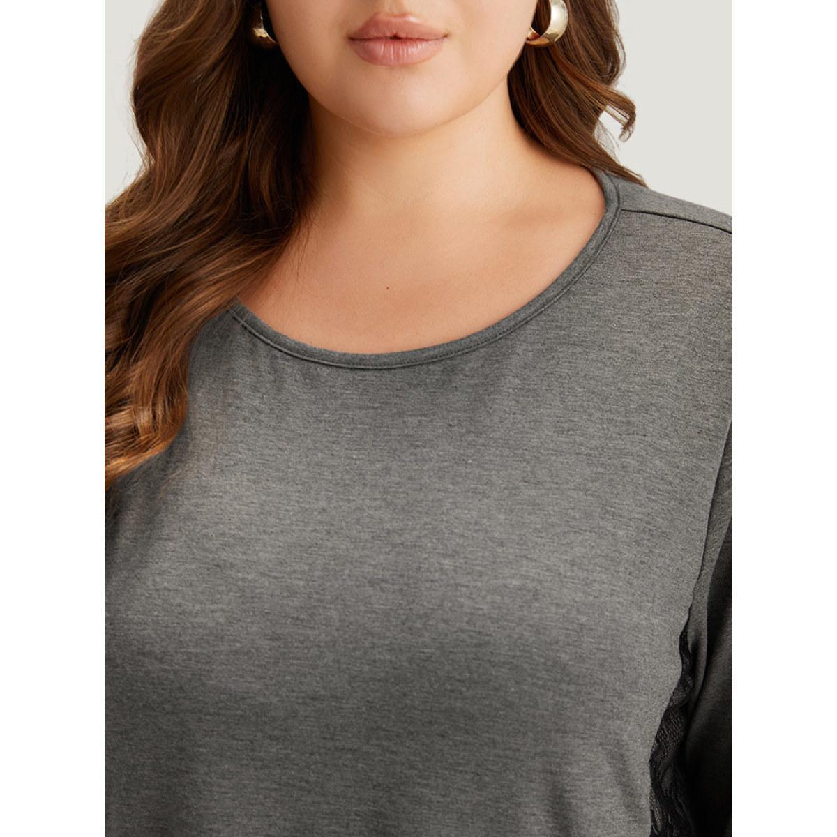 Plus Size Crochet Lace Crew Neck Patchwork T-shirt Gray Women Elegant Contrast Plain Round Neck Everyday T-shirts BloomChic 12/L Product Image
