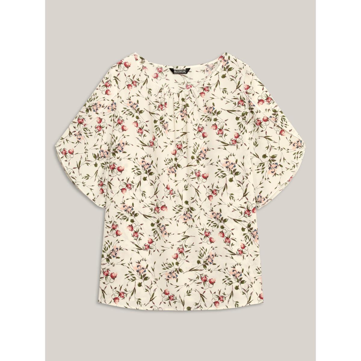 Plus Size Ivory Floral Print Petal Sleeve Pleated Blouse Women Elegant Elbow-length sleeve Round Neck Everyday Blouses BloomChic 30/6X Product Image