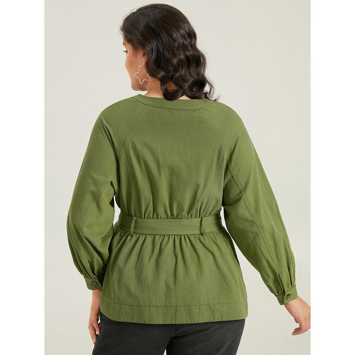 Plus Size Solid Gathered Detail Belted Zipper Fly Coat Women Moss Casual Gathered Ladies Dailywear Winter Coats BloomChic 14-16/1X Product Image