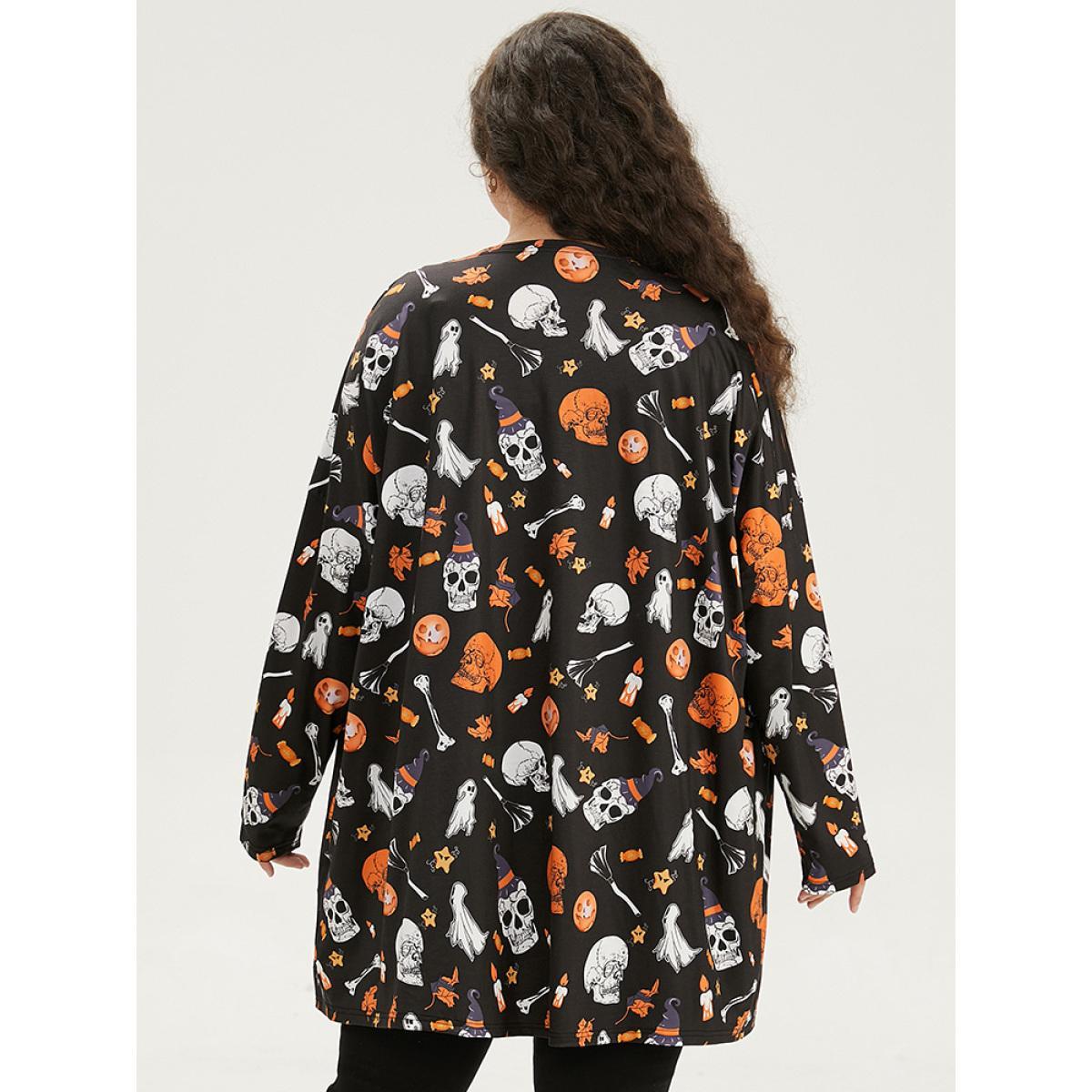 Plus Size Halloween Graphic Patched Pocket Tunic Kimono Women Black Casual Drape Pocket Dailywear Kimonos BloomChic 12/L Product Image