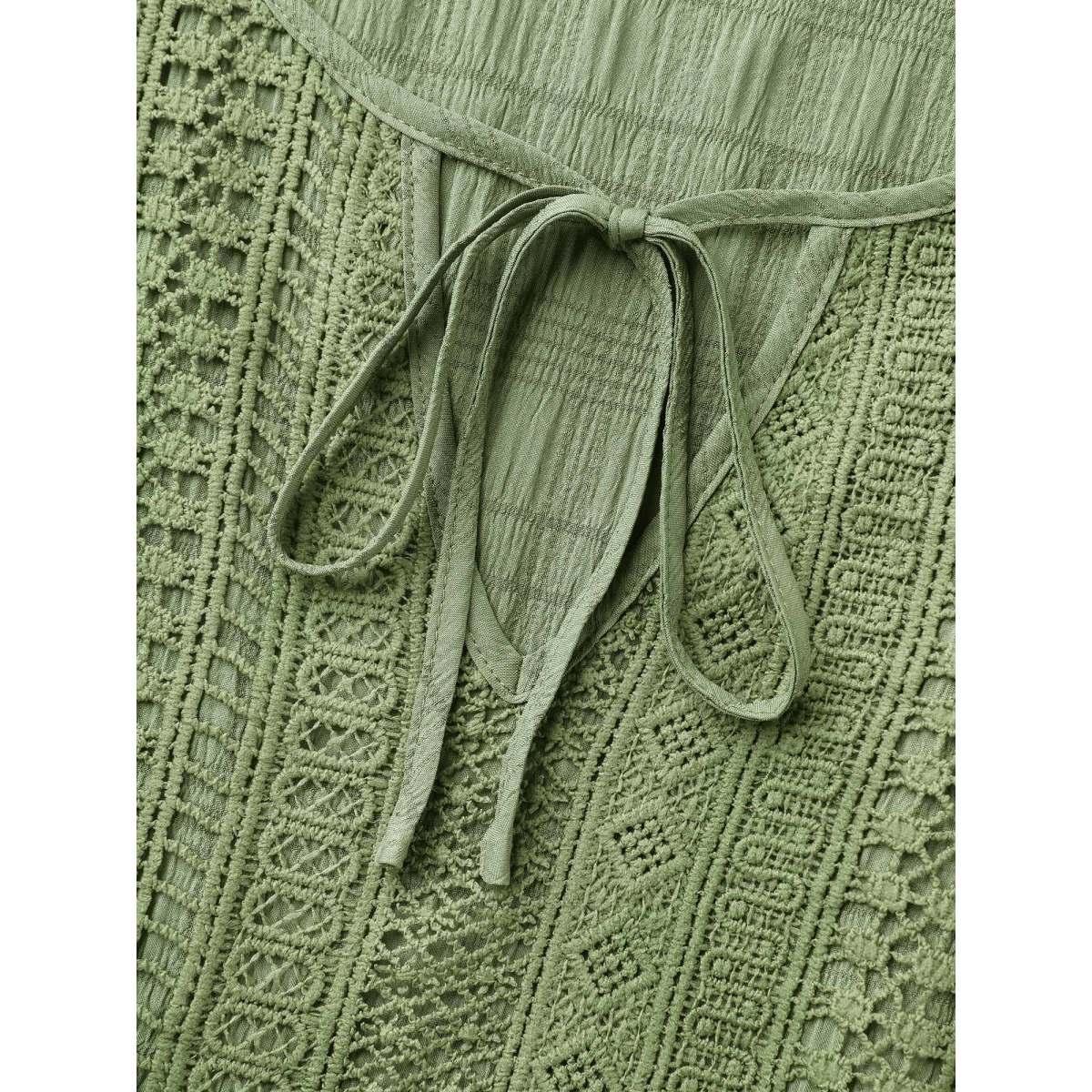 Plus Size Lace Neck-Tie Pockets Tiered Midi Dress Greenbean Women Resort Woven ribbon&lace trim Round Neck Short sleeve Curvy BloomChic 28/5X Product Image