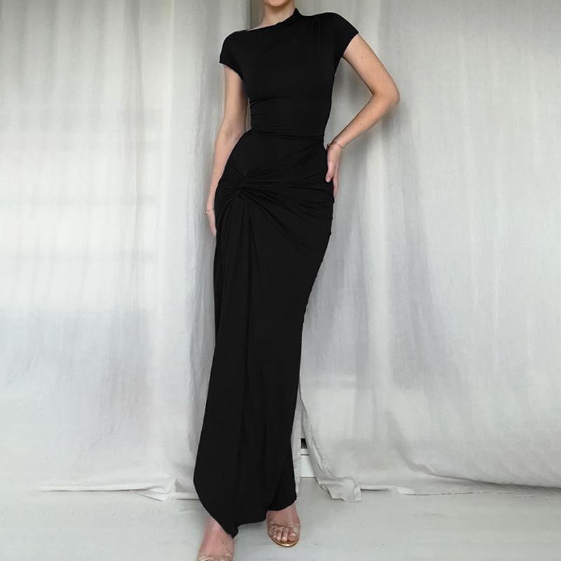 Short-Sleeve Asymmetrical Neck Plain Ruched Side-Slit Maxi Sheath Dress Product Image