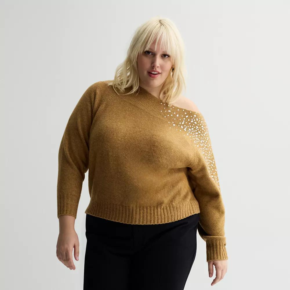 Plus Size Nine West Off-The-Shoulder Shine Sweater, Women's, Size: 2XL, Camel Product Image