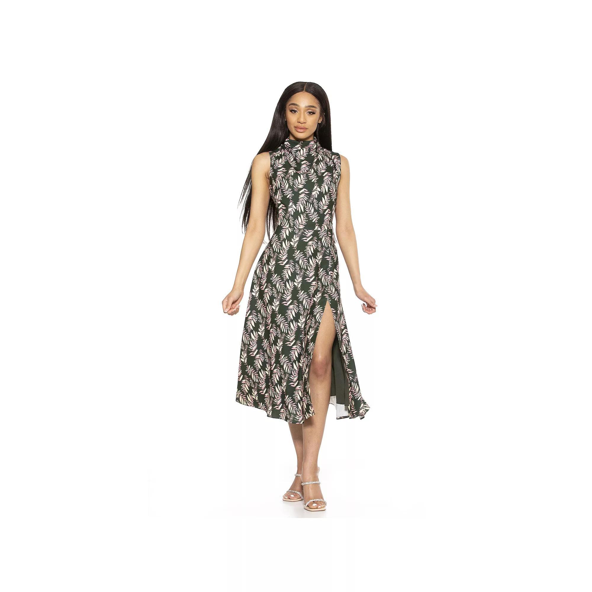 Women's ALEXIA ADMOR Veronica Draped Mock Neck Fit And Flare Dress, Size: 2, Green Palm Product Image