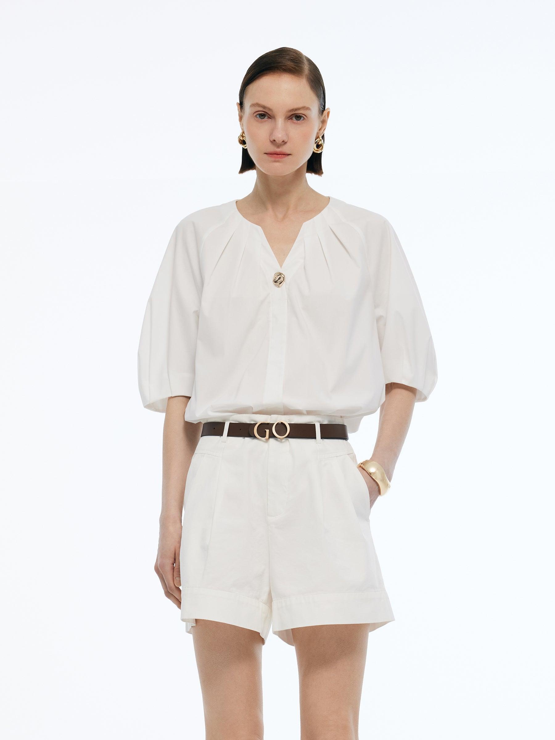 Volume Sleeve Women Pleat Neck Blouse Product Image
