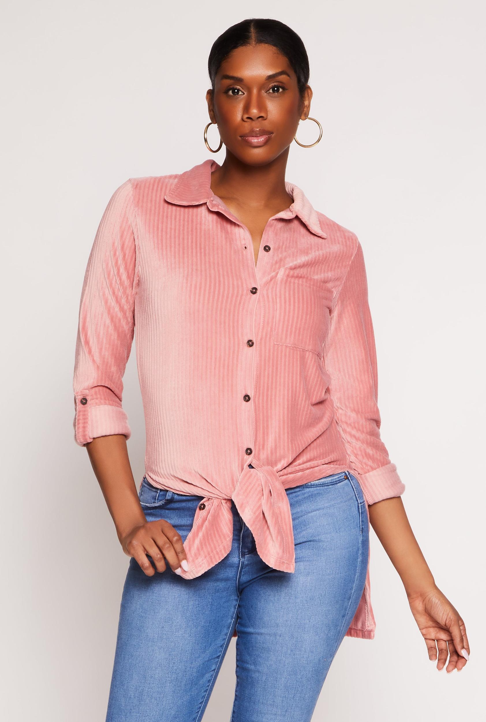 Womens Ribbed Velvet Button Front Tunic Top Product Image
