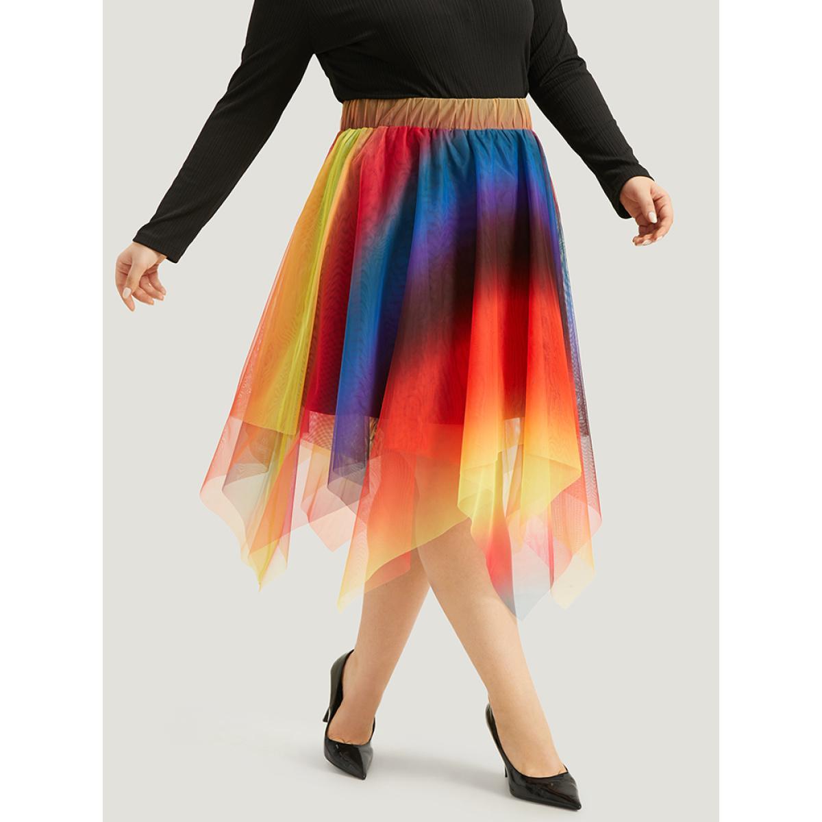 Plus Size Halloween Ombre Tiered Elastic Waist Hanky Hem Skirt Women Multicolor Glamour Contrast No stretch Festival-Halloween Skirts BloomChic 30/6X Product Image