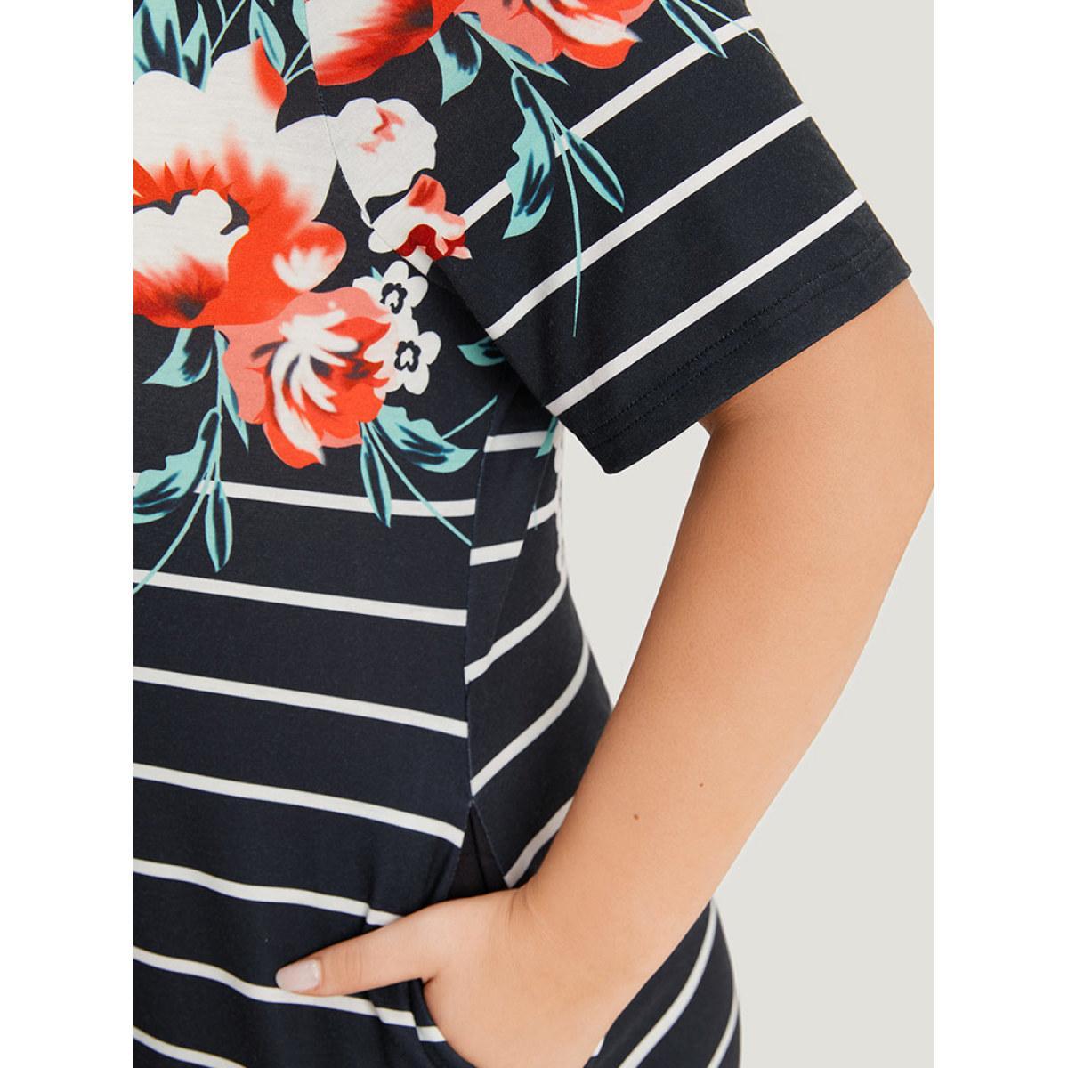 Plus Size Floral & Striped Print Pocket V Neck Dress Black Women Casual Printed V-neck Short sleeve Curvy Midi Dress BloomChic 26/4X Product Image