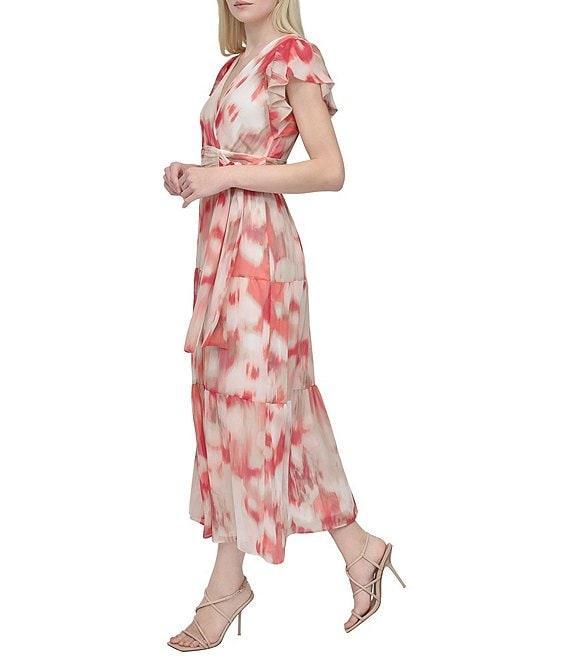 DKNY by Donna Karan Woven Abstract Print V Neck Short Flutter Sleeve Waist Tie A-Line Maxi Dress Product Image