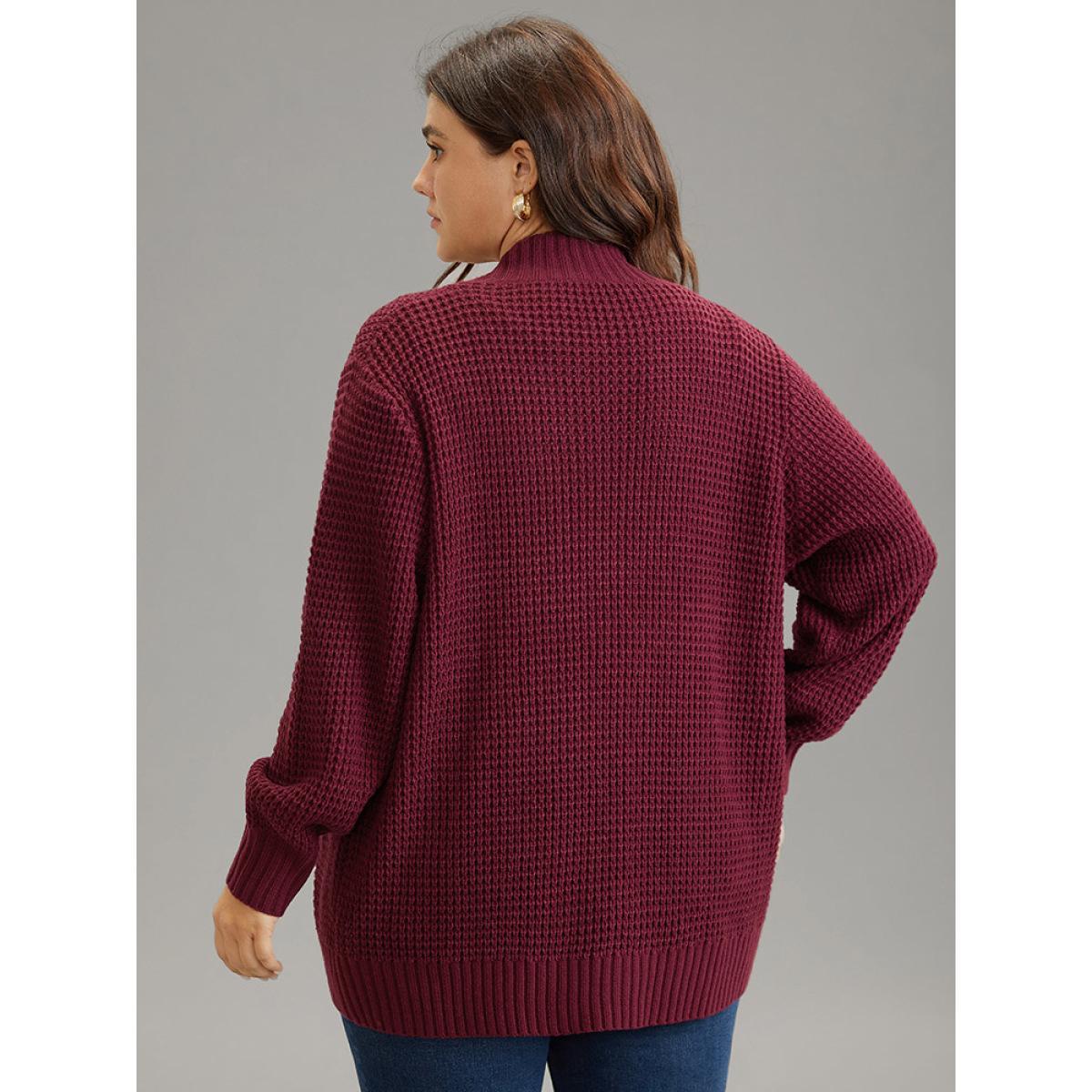 Plus Size Plisse Patched Pocket Curved Hem Open Front Cardigan Burgundy Women Casual Loose Long Sleeve Everyday Cardigans BloomChic 14-16/1X Product Image
