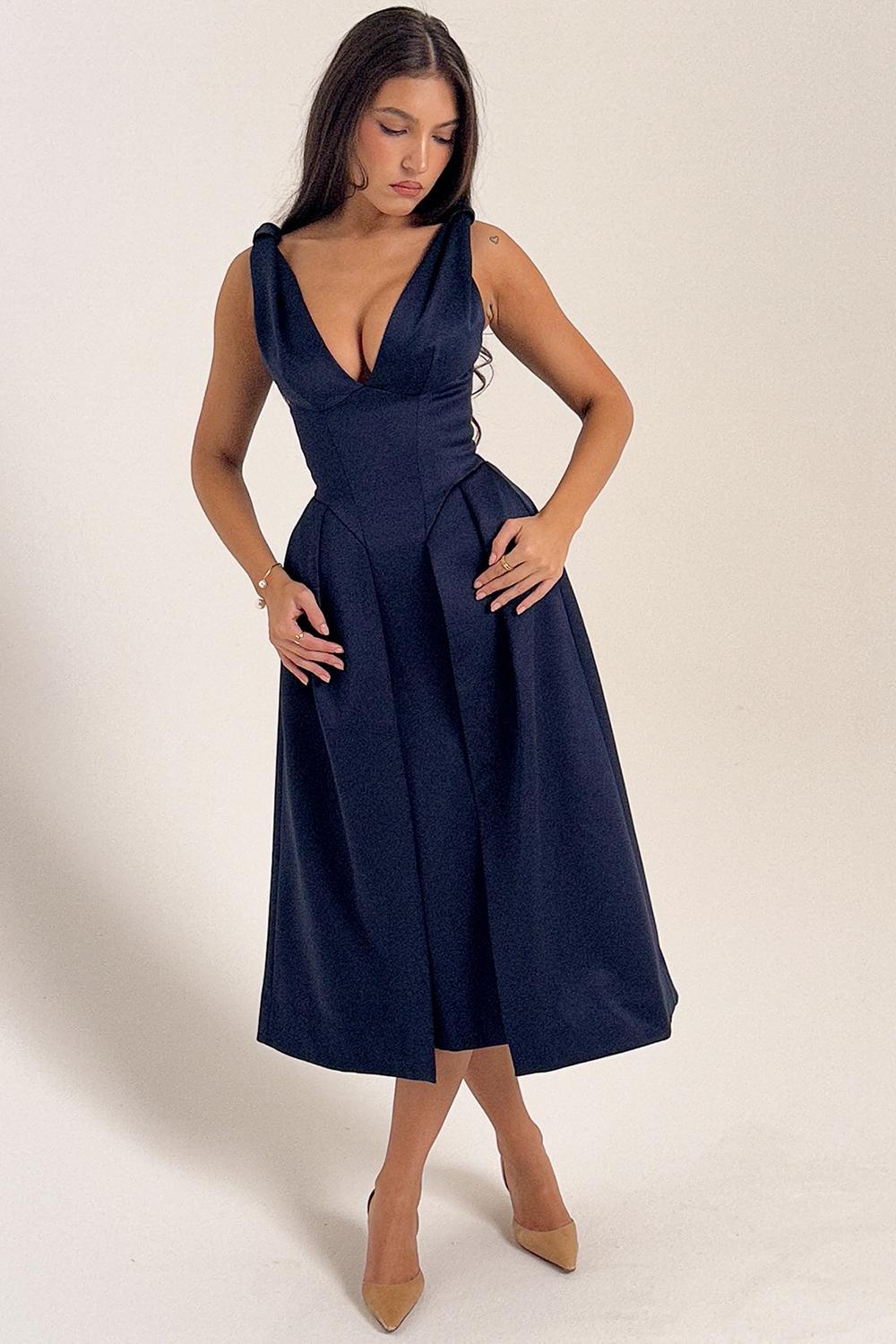 Paloma Midnight Twist Strap Satin Midi Dress Product Image